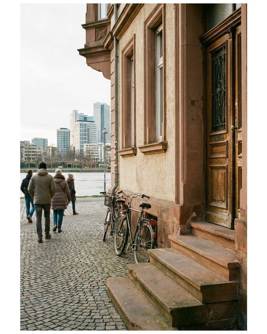 Altbau-Hauseingang mit abgetretenen Sandsteinstufen und angelehnten Fahrrädern, hochkant fotografiert.