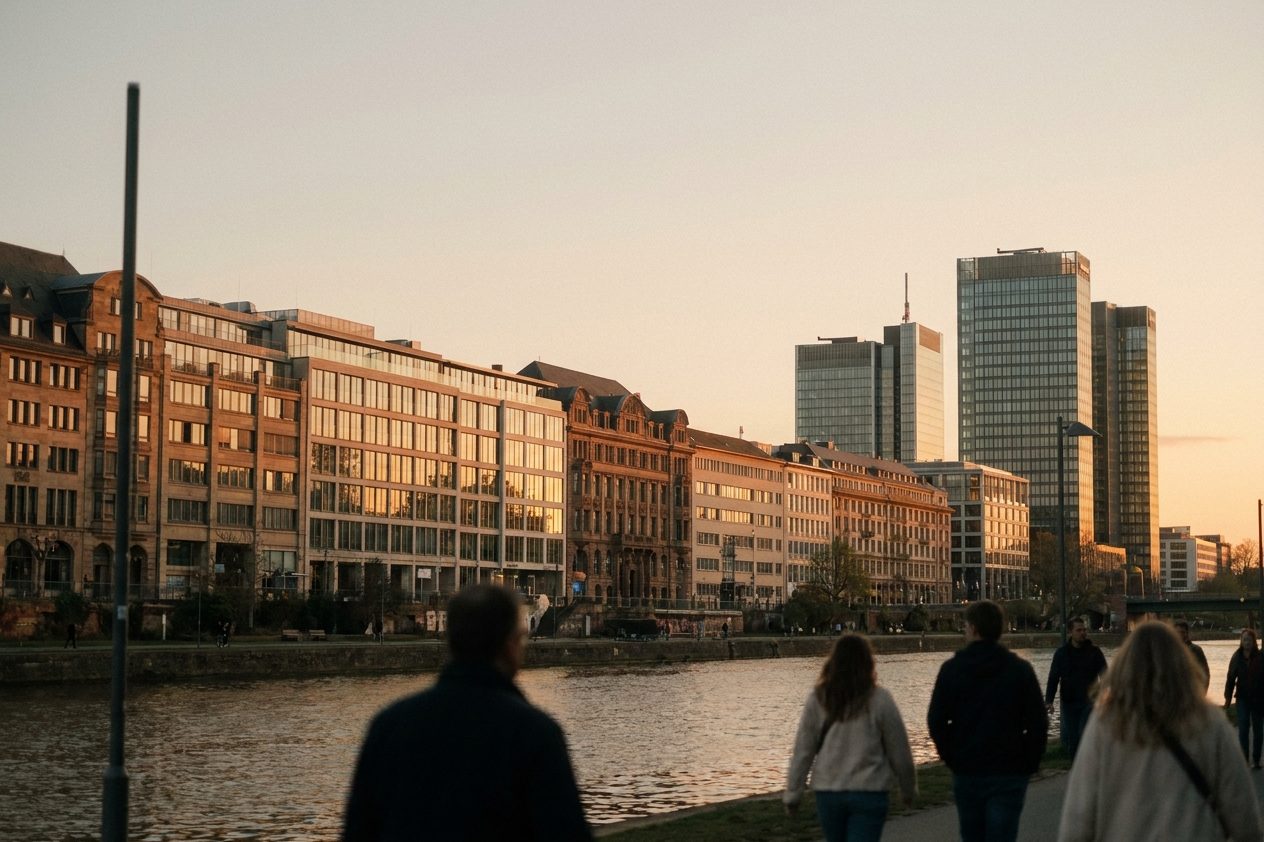 Sonnenuntergang zwischen einer Altbauzeile und den Glastürmen des Europaviertels, warmer Kontrast aus Stein und Glas.