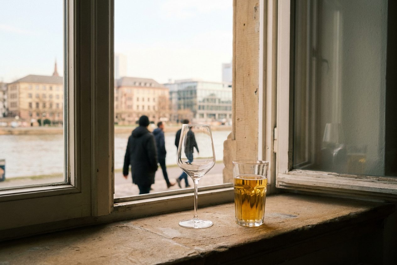 Ein elegantes Weinstielglas und ein Geripptes nebeneinander vor einem Fenster, beide mit demselben goldenen Apfelwein gefüllt.