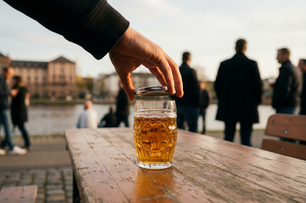 Eine Hand legt von oben ein Deckelchen auf ein volles Geripptes, warmes Abendlicht auf dem Wirtshaustisch, der Hintergrund unscharf.