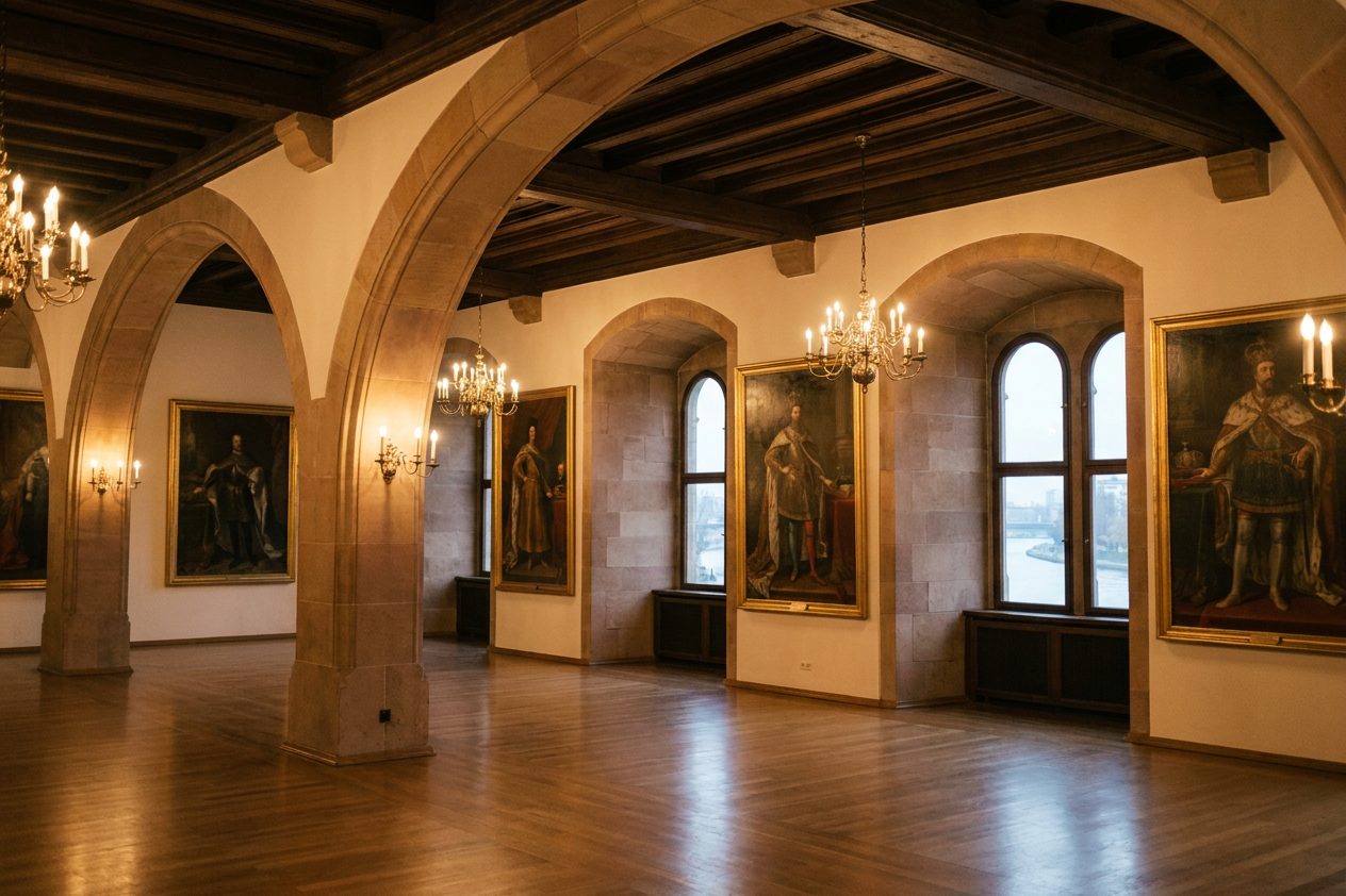 Der Kaisersaal im Römer mit den Kaiserporträts an den Wänden in warmem Kunstlicht, menschenleer.