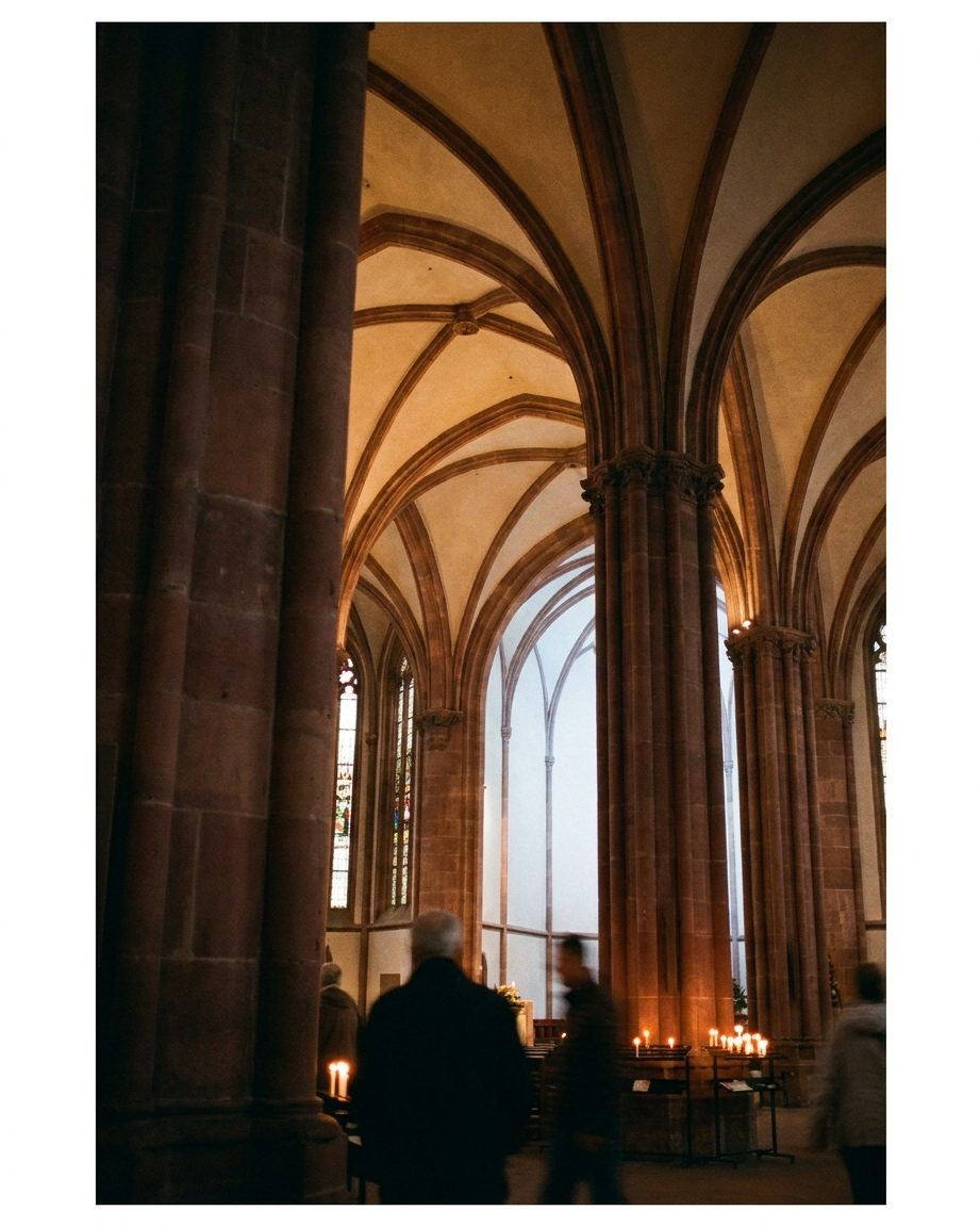 Rote Sandsteinpfeiler und hohes Gewölbe im Inneren des Kaiserdoms, erhellt von Kerzenschein.