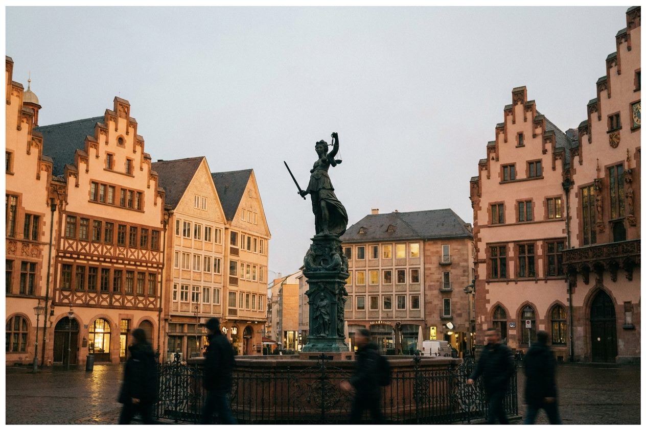 Der Gerechtigkeitsbrunnen auf dem Römerberg in tiefer Abendsonne, die Justitia als Silhouette vor den Fachwerkgiebeln.