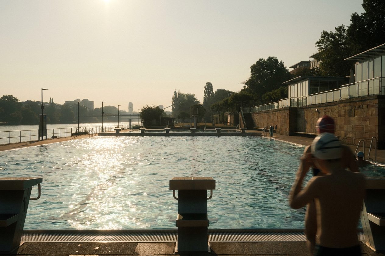 Die glitzernde Wasseroberfläche eines großen Freibadbeckens am frühen Morgen, die Startblöcke stehen im Gegenlicht.