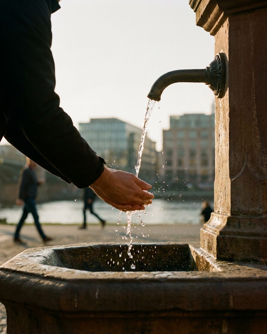 Zwei Hände unter dem klaren Strahl eines städtischen Trinkbrunnens, Wassertropfen glitzern im Gegenlicht.