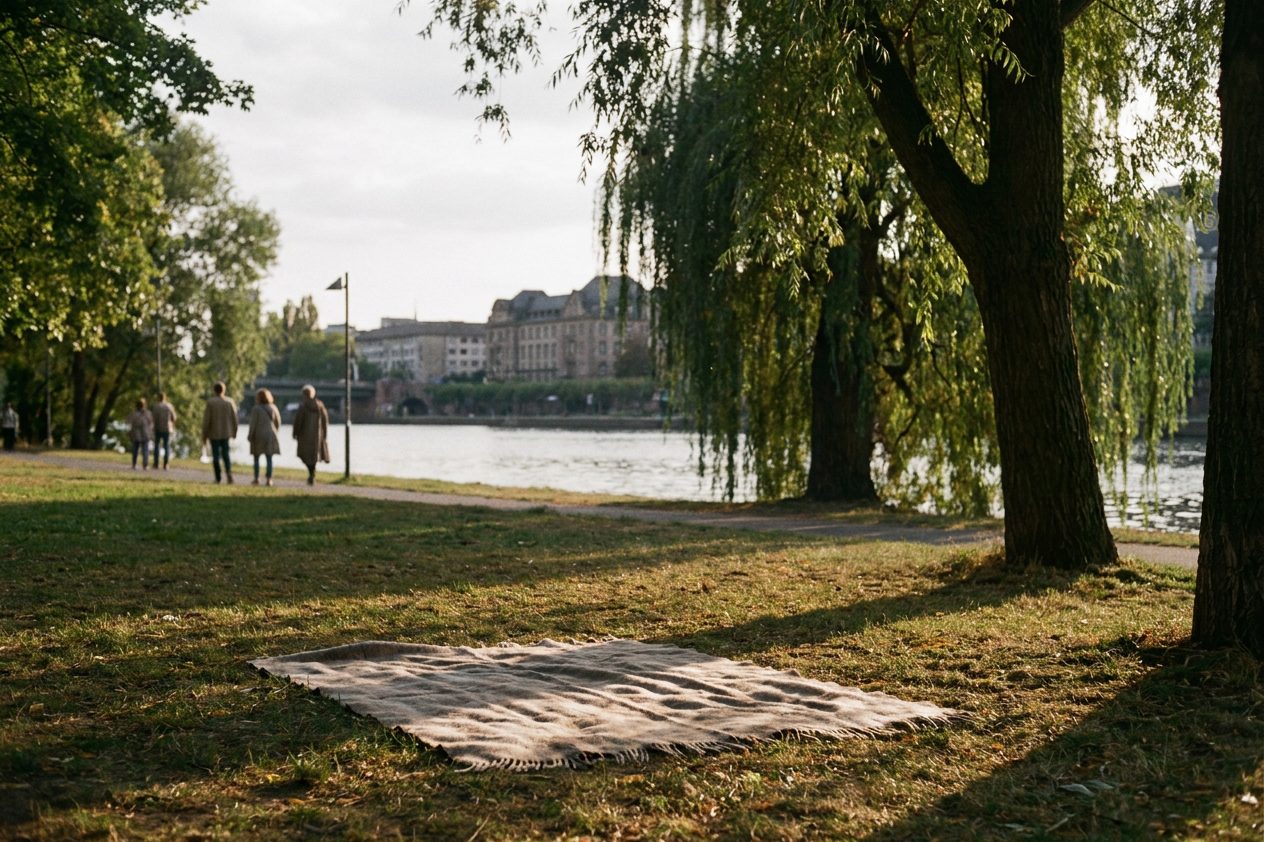 Schattiges Nidda-Ufer mit alten Weiden, auf der Wiese liegt eine Picknickdecke in der tief stehenden Abendsonne.