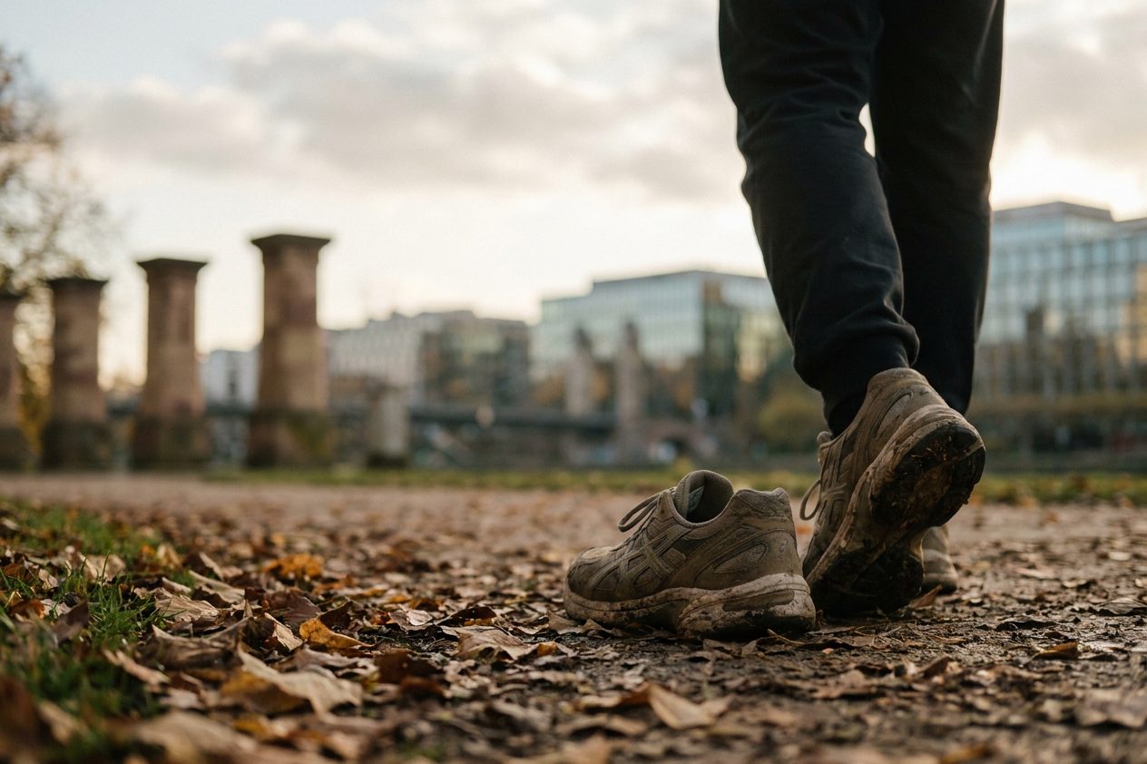 Nahaufnahme von Laufschuhen auf einem herbstlichen Weg mit Laub.