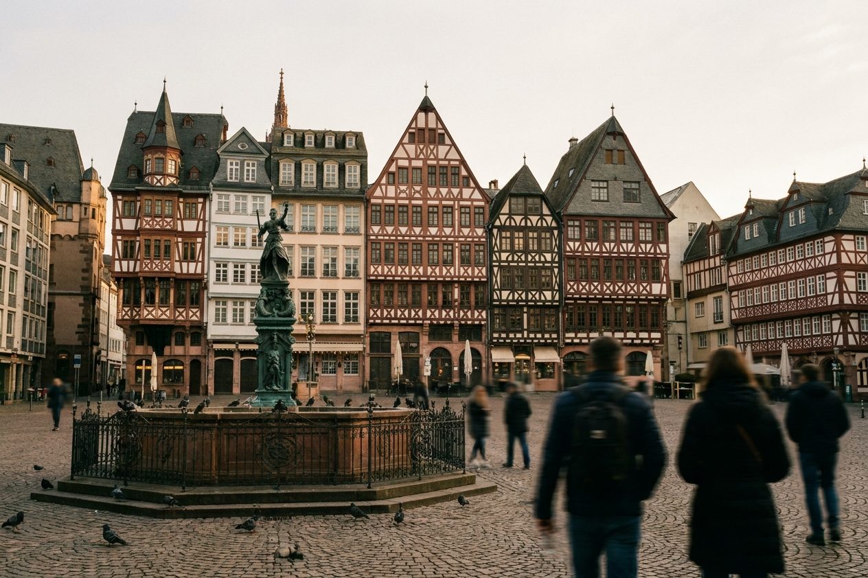 Fachwerkfassaden am Römerberg mit dem Gerechtigkeitsbrunnen im Vordergrund, Tauben auf dem Pflaster.