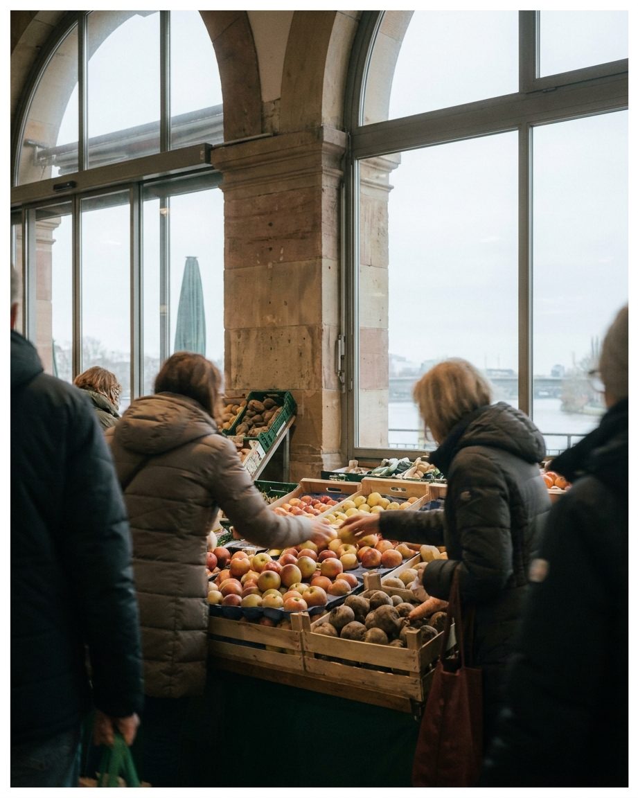 Obst- und Gemüsestand in der Kleinmarkthalle, Hände greifen nach Ware, keine Gesichter erkennbar, Hochformat.