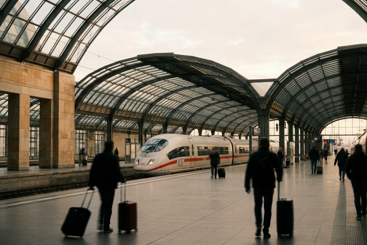 Ein ICE unter dem geschwungenen Glasdach des Flughafen-Fernbahnhofs, Reisende mit Koffern von hinten.