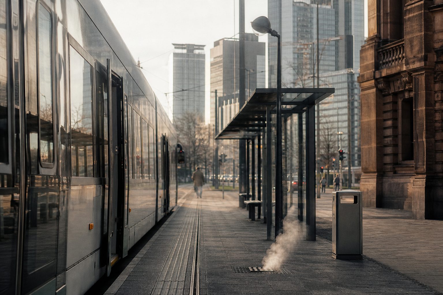 Eine Straßenbahn hält an einer noch menschenleeren Haltestelle im Bahnhofsviertel, aus einem Gully steigt Dampf auf.