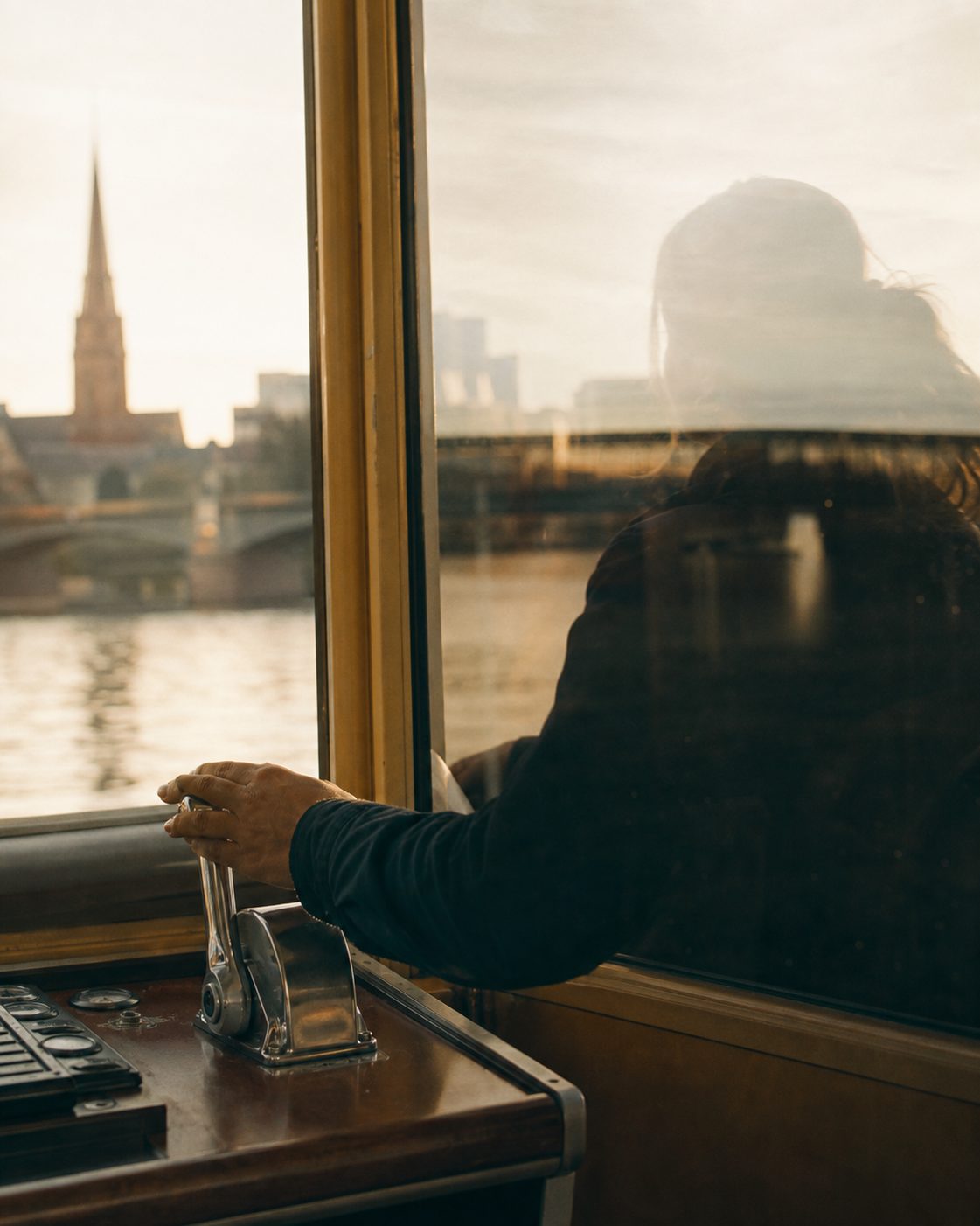 Die Hände der Fahrerin am Fahrhebel, ihr Umriss spiegelt sich schemenhaft im Seitenfenster des Führerstands.