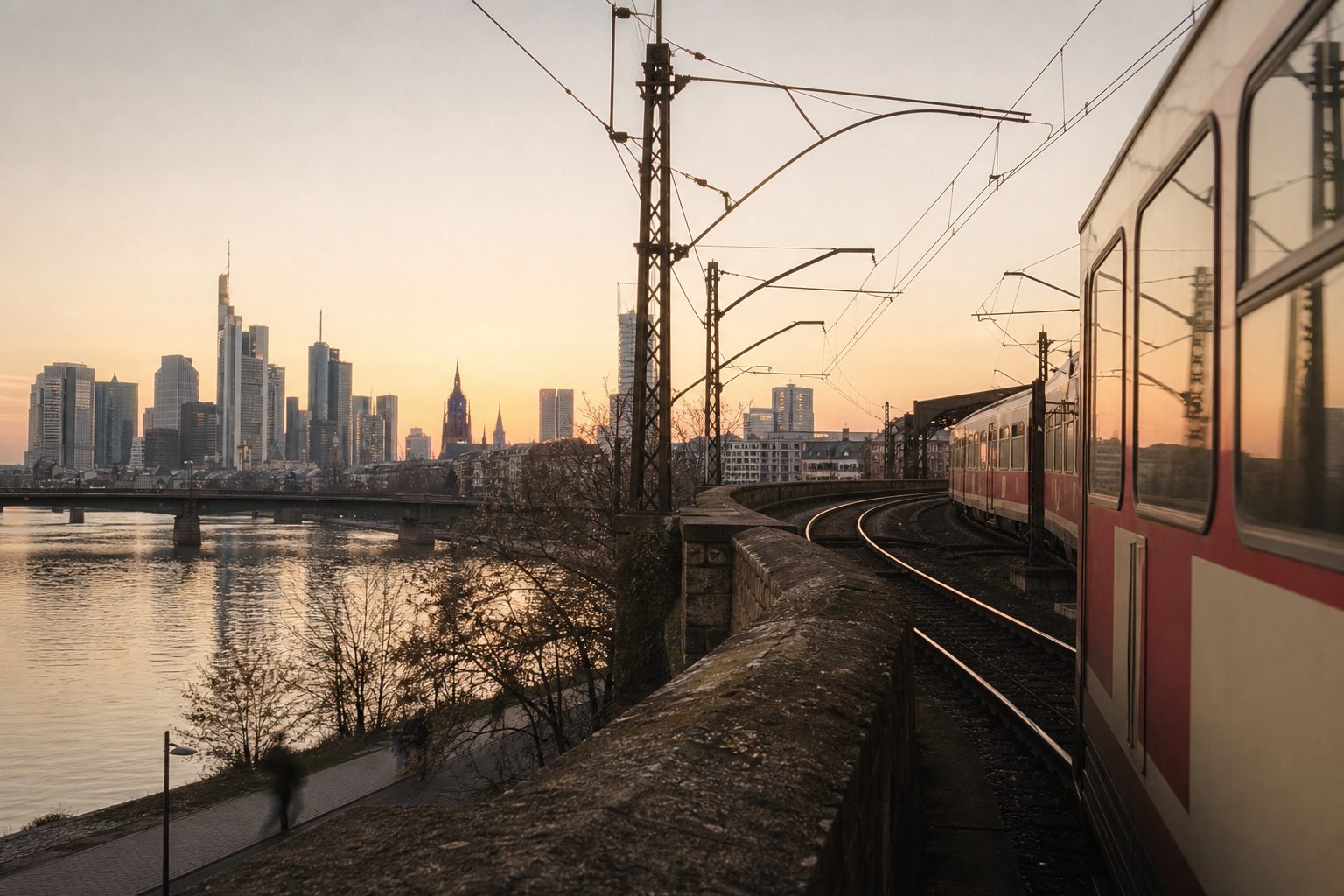 Die Straßenbahn verschwindet in der Wendeschleife, die Oberleitungen zeichnen dunkle Linien ins Abendrot.
