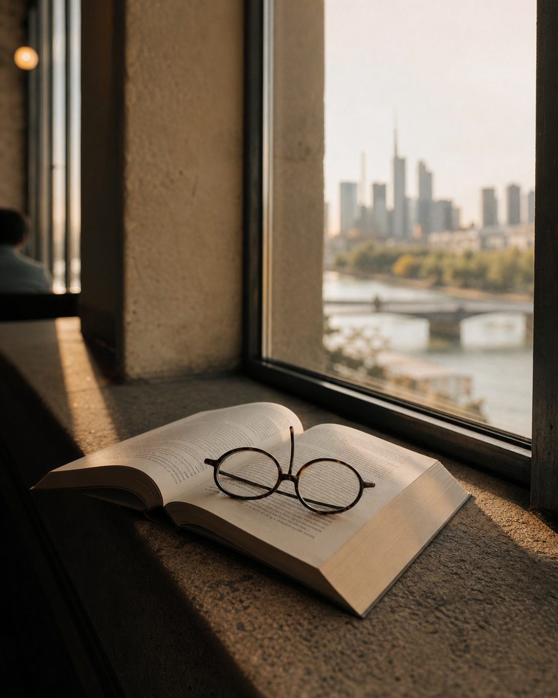 Ein aufgeschlagenes Buch mit einer Lesebrille auf einer Fensterbank im warmen Abendlicht, hochformatig fotografiert.