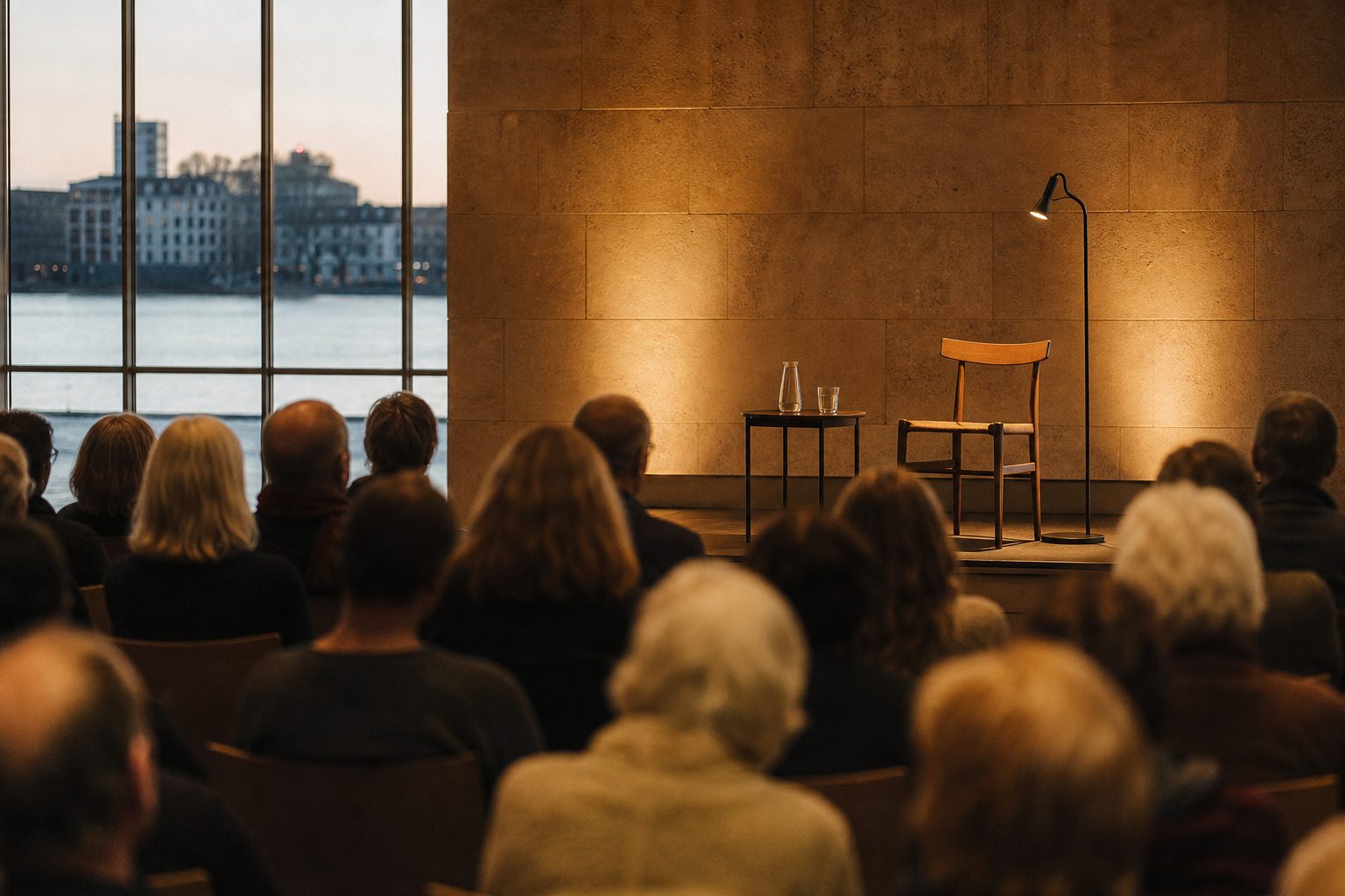 Publikum von hinten bei einer abendlichen Lesung, warmes Licht auf dem Podium mit leerem Stuhl und Wasserglas.