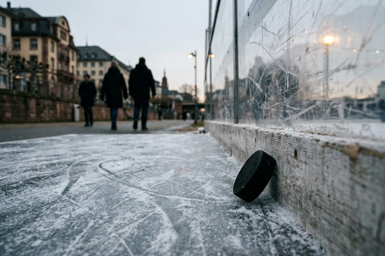 Nahaufnahme von Kufenspuren im Eis und einem Puck an der Bande.