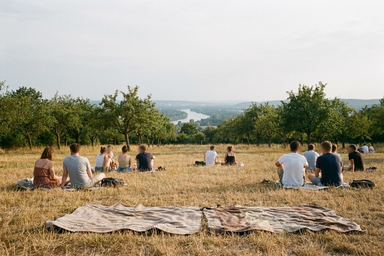 Picknickdecken auf der Wiese des Lohrbergs, Gruppen von hinten, dahinter Streuobstbäume im Sommerlicht.