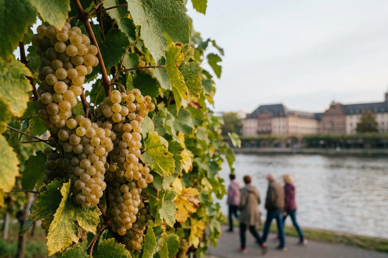 Reife Riesling-Trauben mit feinen Tauperlen in Nahaufnahme, umrahmt von grünem Weinlaub.
