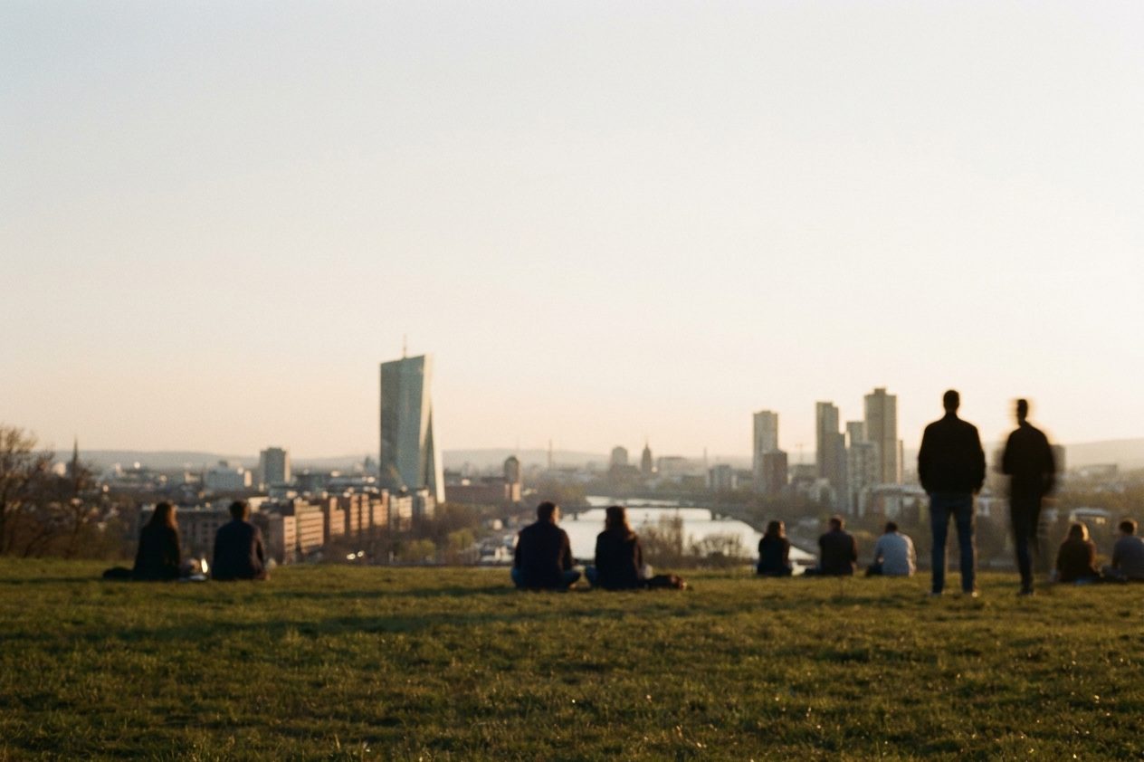 Menschen als ferne Silhouetten auf der Picknickwiese des Lohrbergs bei Sonnenuntergang, am Horizont die Frankfurter Skyline.