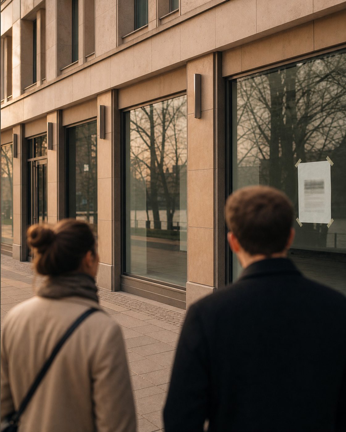 Zwei Personen von hinten betrachten eine leere Ladenzeile, im Schaufenster hängt ein unleserlicher Vermietungsaushang.