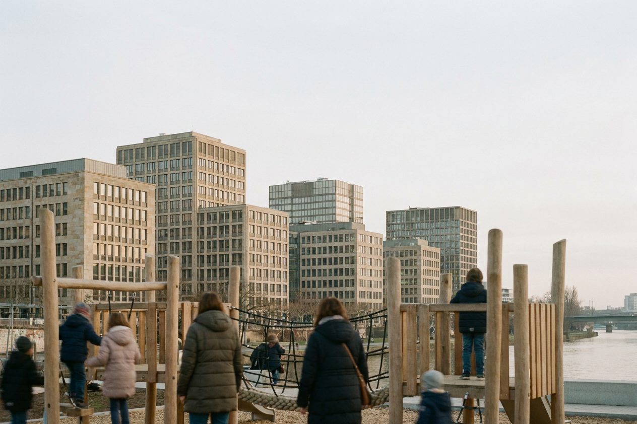 Ein neuer Spielplatz zwischen ehemaligen Büroriegeln, bunte Spielgeräte vor gerasterten Fassaden.