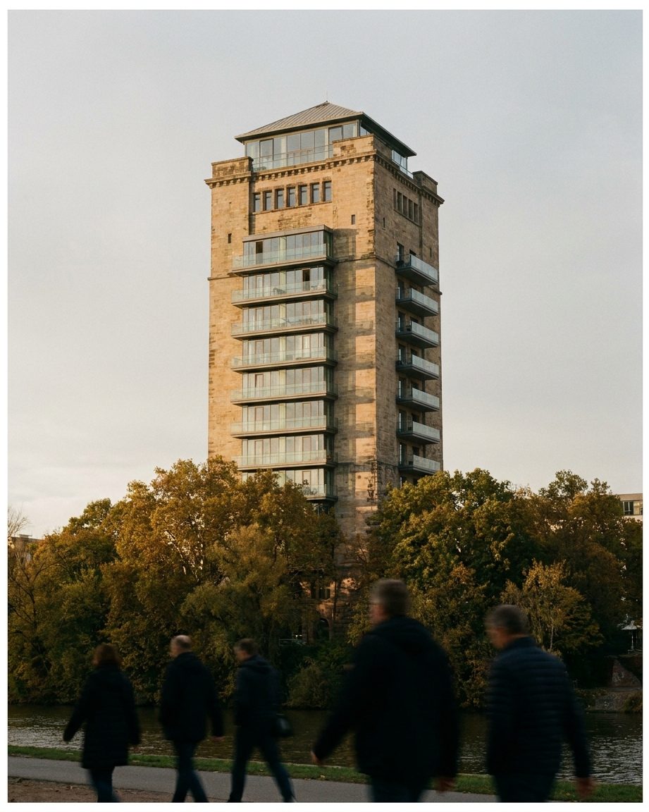 Ein umgebauter Turm in der Vertikalen: unten Baumkronen, oben Balkone, wo früher Fensterbänder waren.