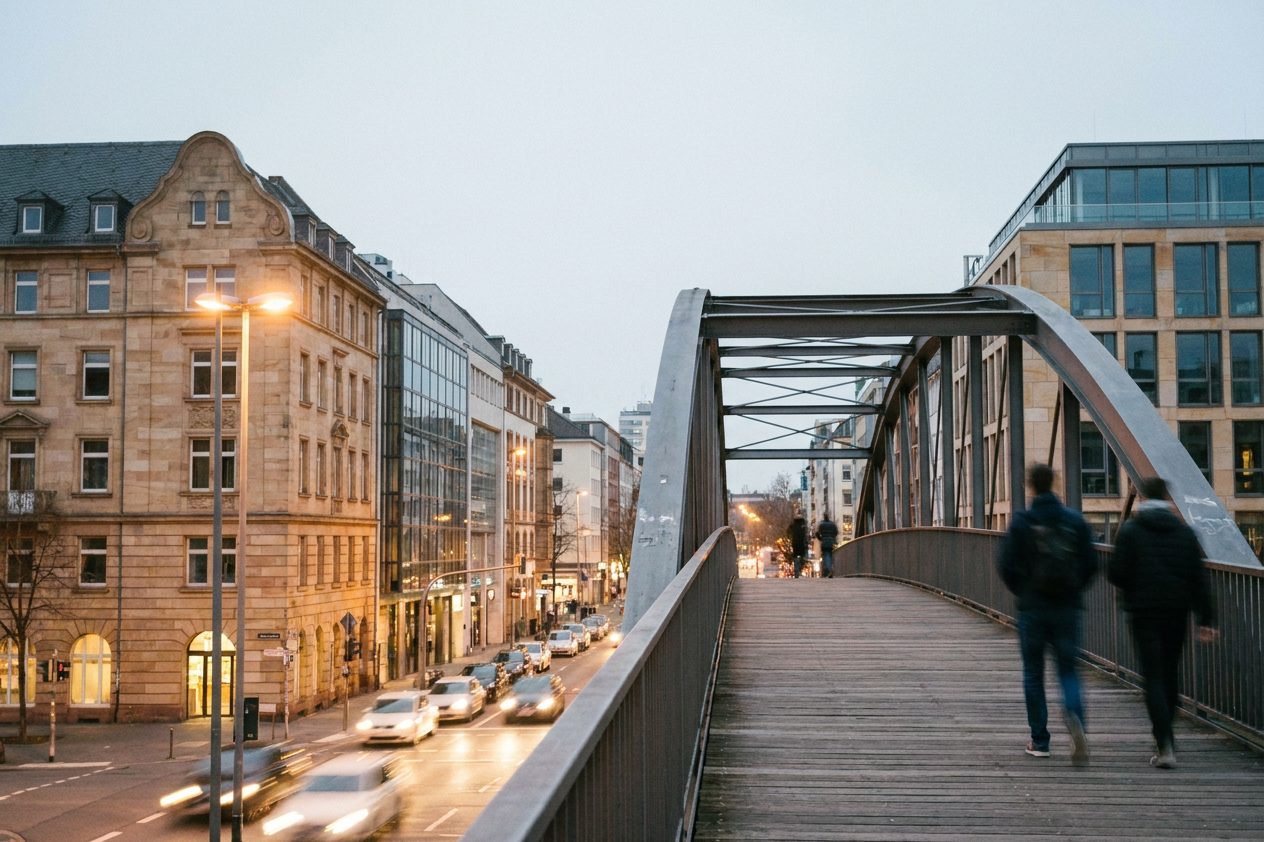 Eine Fußgängerbrücke über die Lyoner Straße in der blauen Stunde, Lichtspuren des Verkehrs darunter.