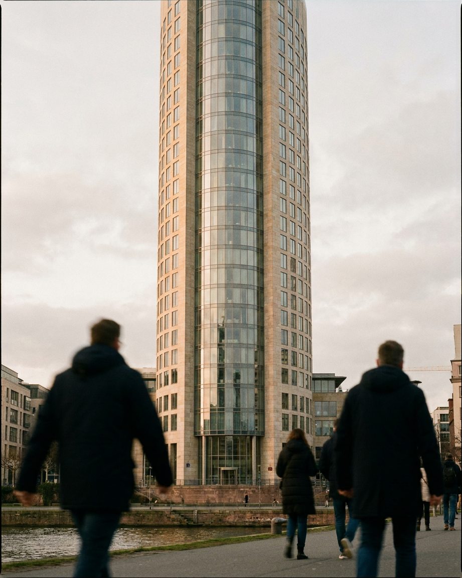 Der runde Glasschaft des Main Tower, von der Straße aus senkrecht nach oben fotografiert, vor blassem Winterhimmel.