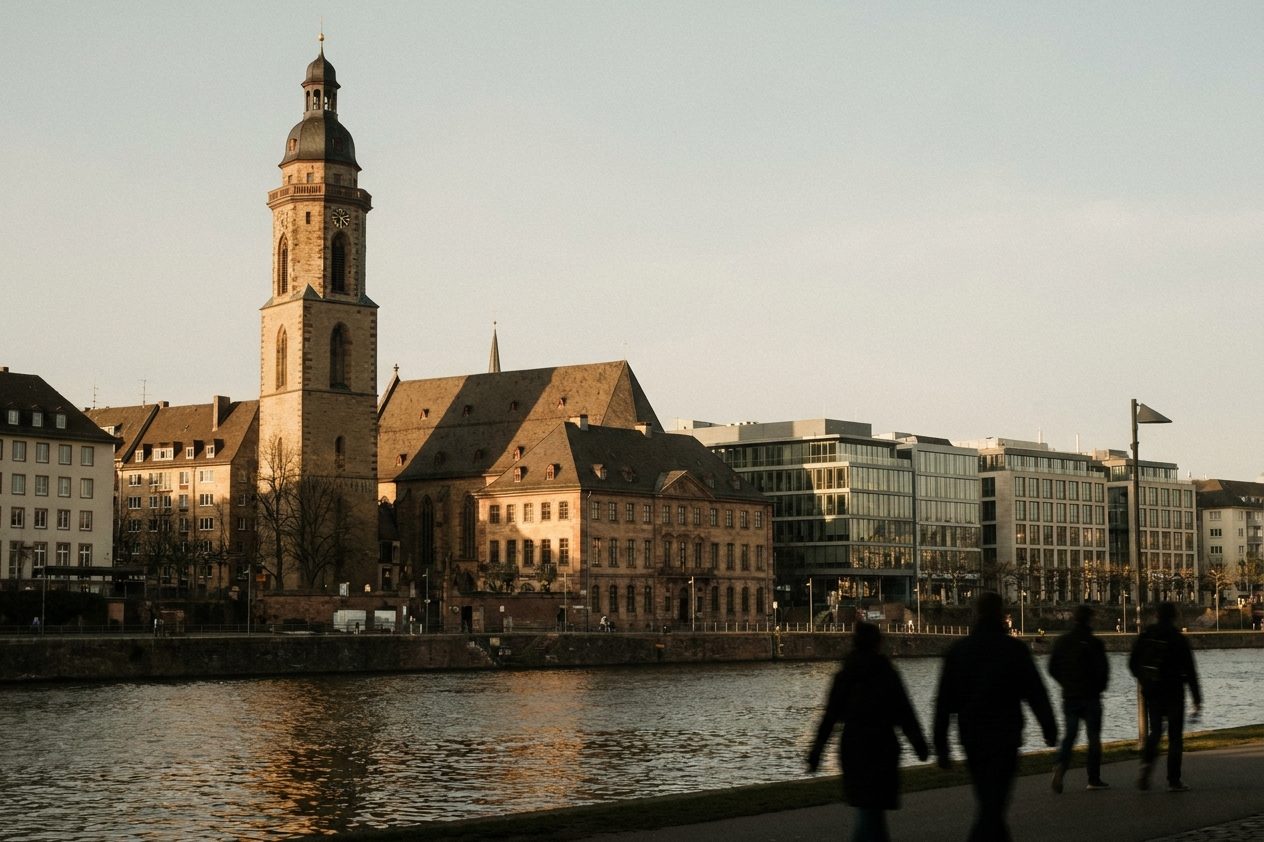 Der lange Schatten des Main Tower fällt bei tiefer Abendsonne über die Dächer der Frankfurter Innenstadt.
