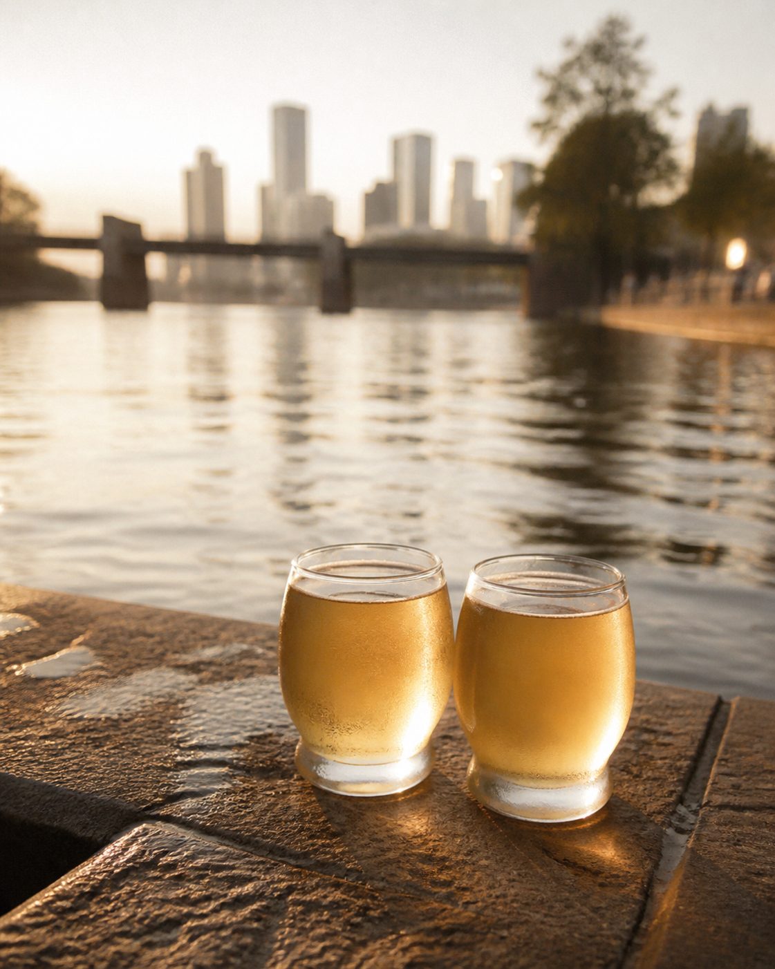 Zwei gefüllte, beschlagene Apfelweingläser auf einer Sandsteinstufe direkt am Wasser, dahinter der unscharfe Fluss im goldenen Abendlicht.