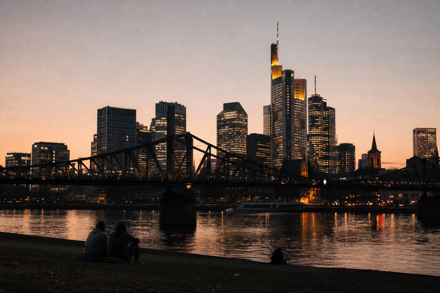 Der Eiserne Steg als dunkle Silhouette vor der ersten beleuchteten Skyline, letzte Rückenfiguren auf der Uferwiese in der blauen Stunde.
