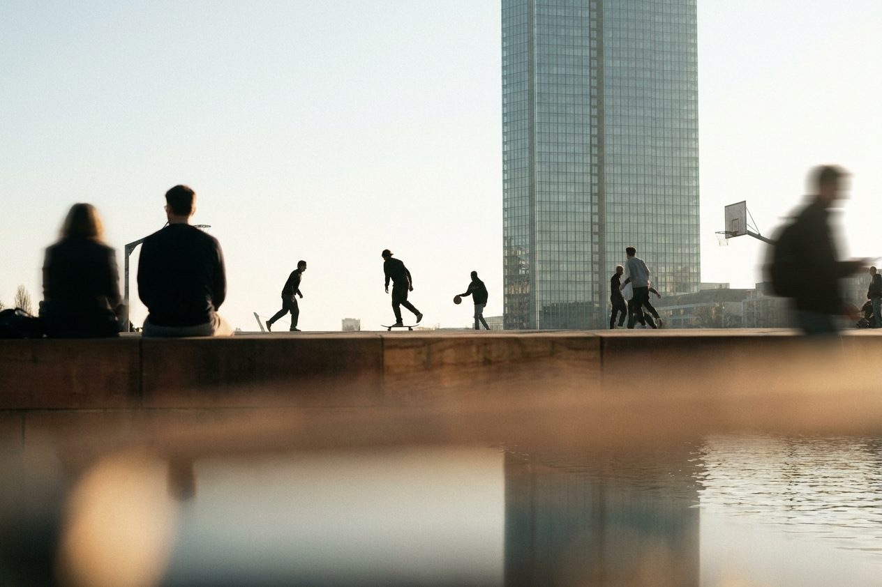 Skater und Basketballspieler als Silhouetten im Hafenpark, dahinter ragt der Turm der Europäischen Zentralbank auf.