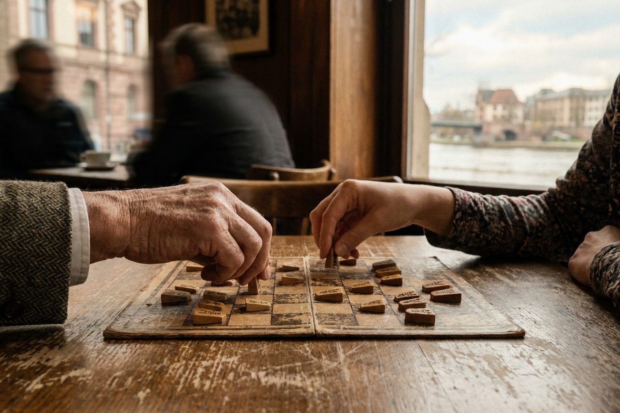 Nahaufnahme zweier Hände unterschiedlichen Alters, die auf einem Holztisch ein Brettspiel aufbauen.