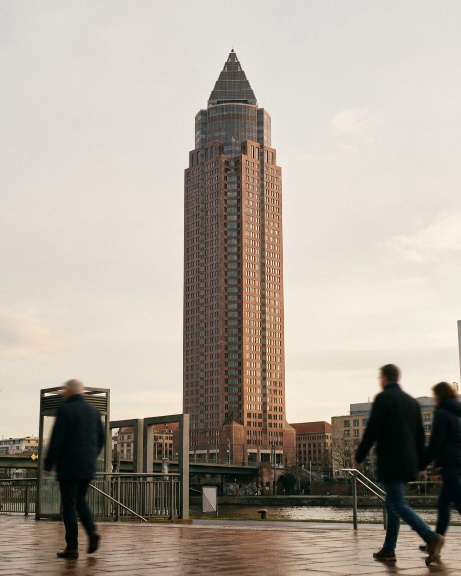 Der Messeturm von unten fotografiert, die rote Granitfassade ragt vor blauem Himmel auf, im Hochformat.
