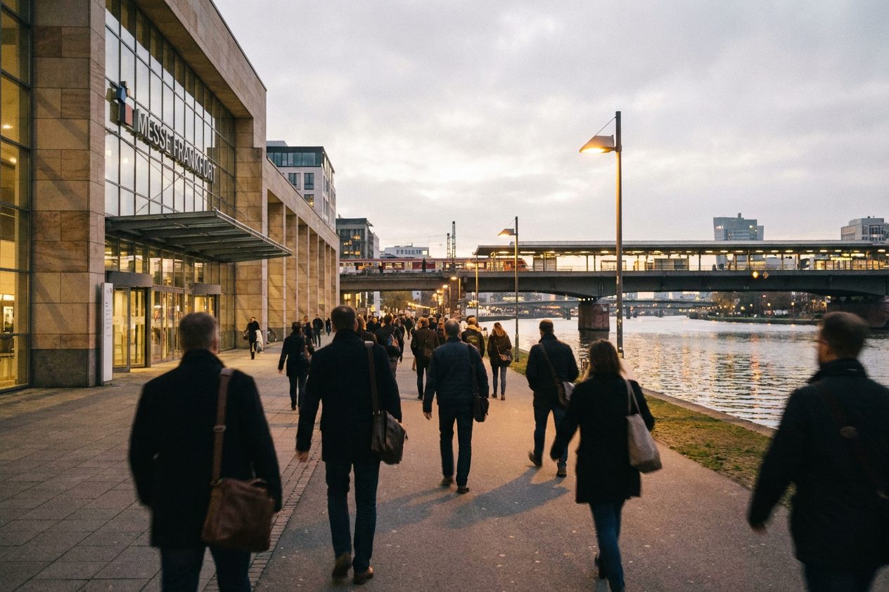 Besucher mit Umhängetaschen strömen am Abend im Gegenlicht aus einem Messeportal Richtung Bahnstation.