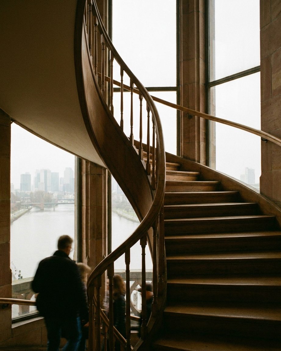 Treppenhaus eines Altbaus mit geschwungenem Holzgeländer, im Hochformat von unten fotografiert.