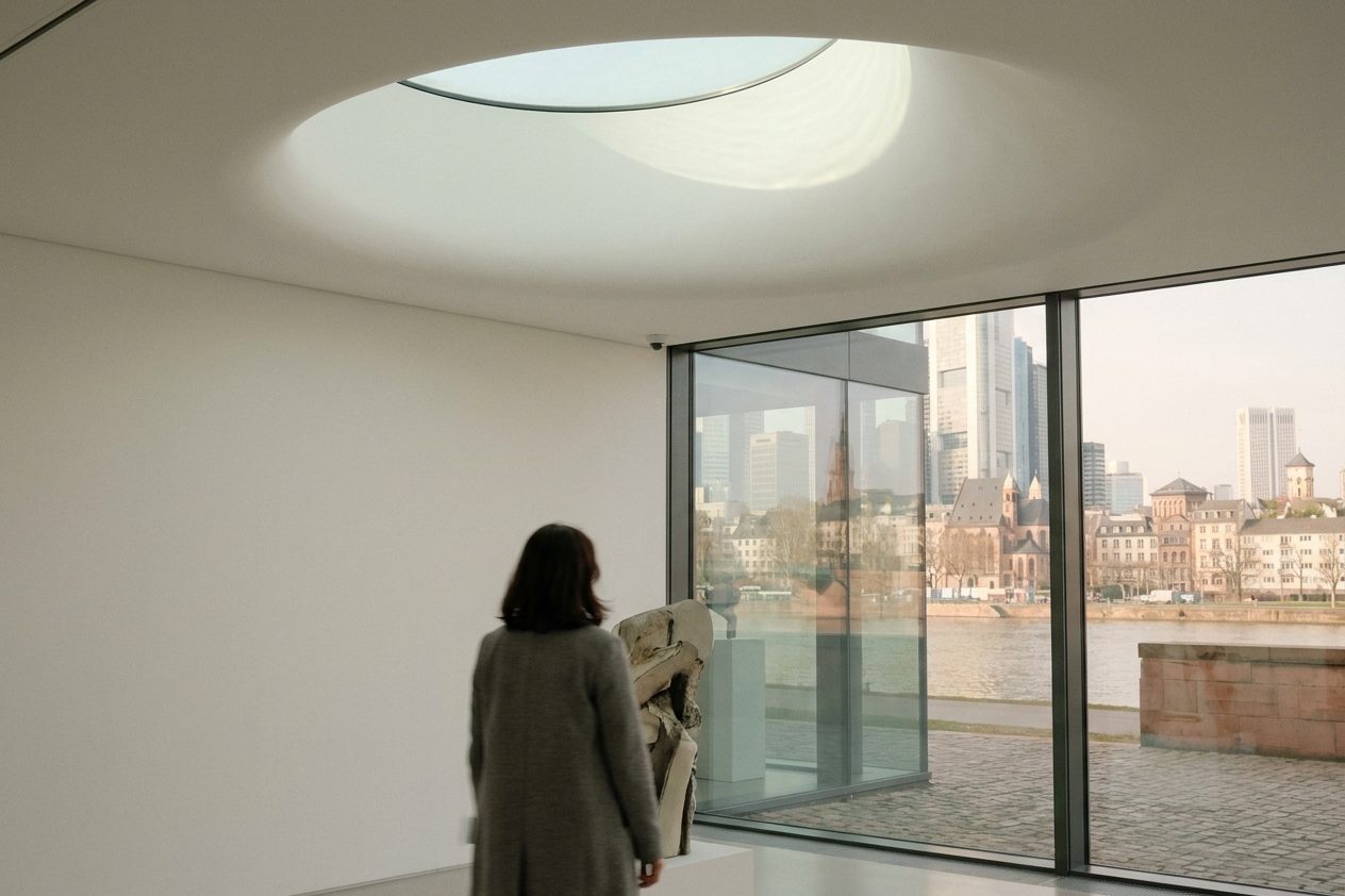Ein weißer Ausstellungsraum mit skulptural geformtem Oberlicht, eine einzelne Besucherin von hinten vor einem Kunstwerk.