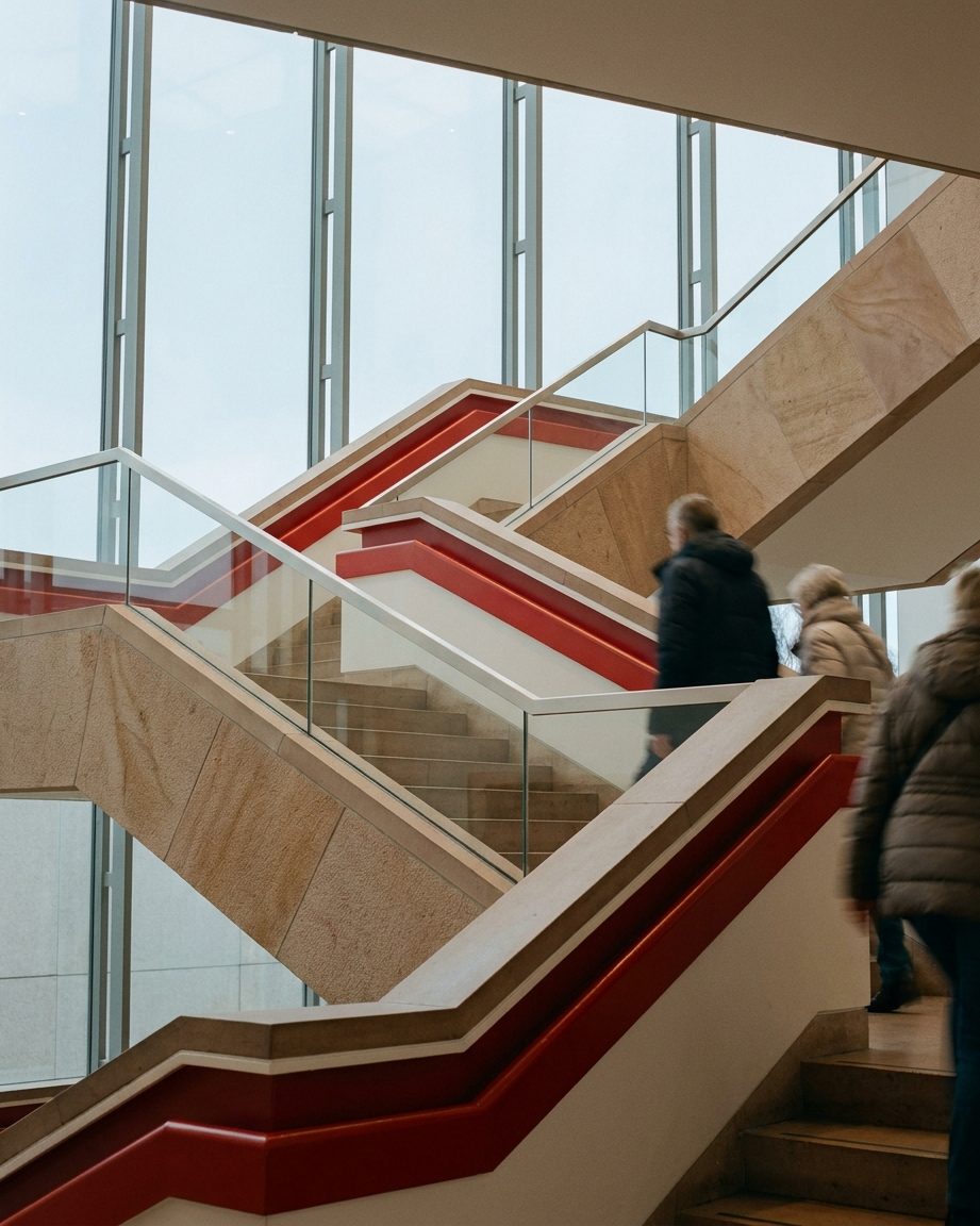 Die geometrische Treppenkaskade im Inneren des Museums mit rot-weißen Farbakzenten, hochformatig fotografiert.