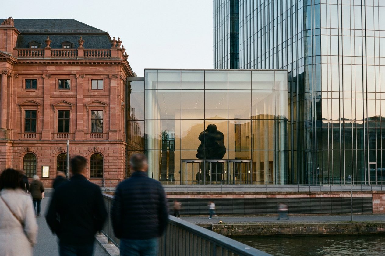 Das Glasfoyer eines Hochhauses im Bankenviertel in der Dämmerung, ein Kunstobjekt zeichnet sich als dunkle Silhouette ab.