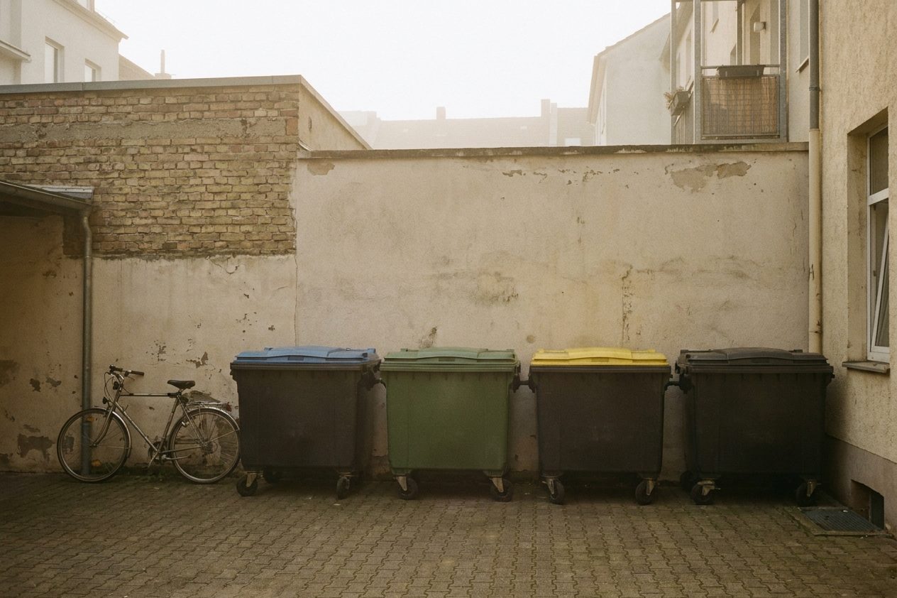 Vier Mülltonnen unterschiedlicher Deckelfarbe nebeneinander in einem gepflasterten Hinterhof.