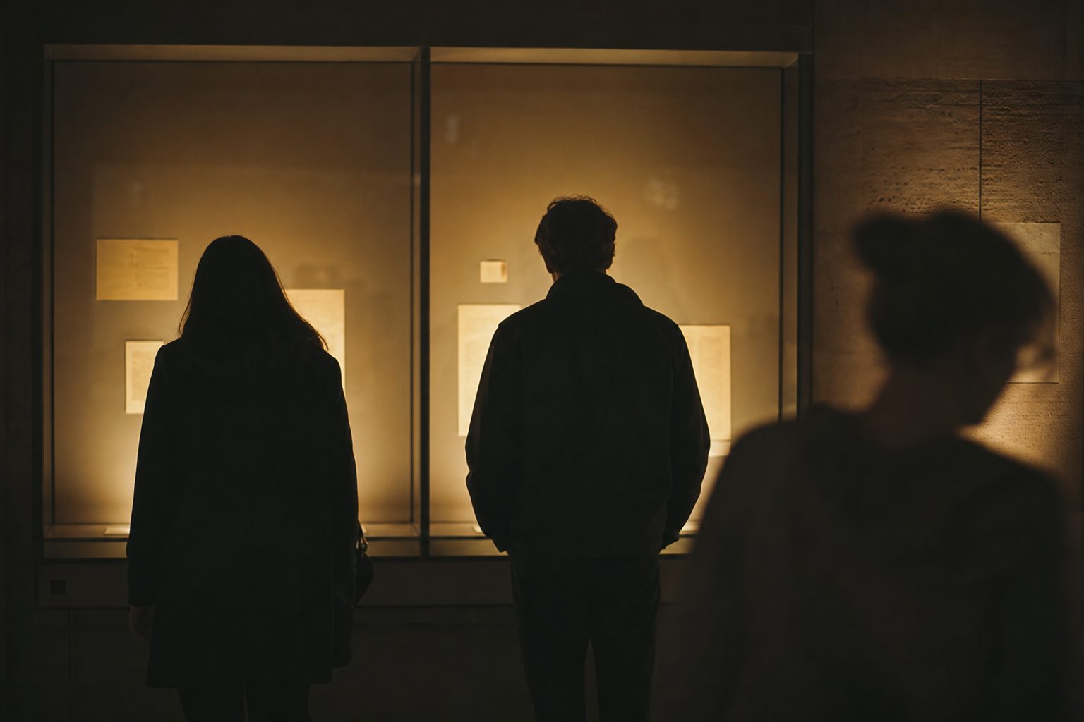 Besucher als Silhouetten vor einer warm beleuchteten Vitrine im abgedunkelten Ausstellungsraum.