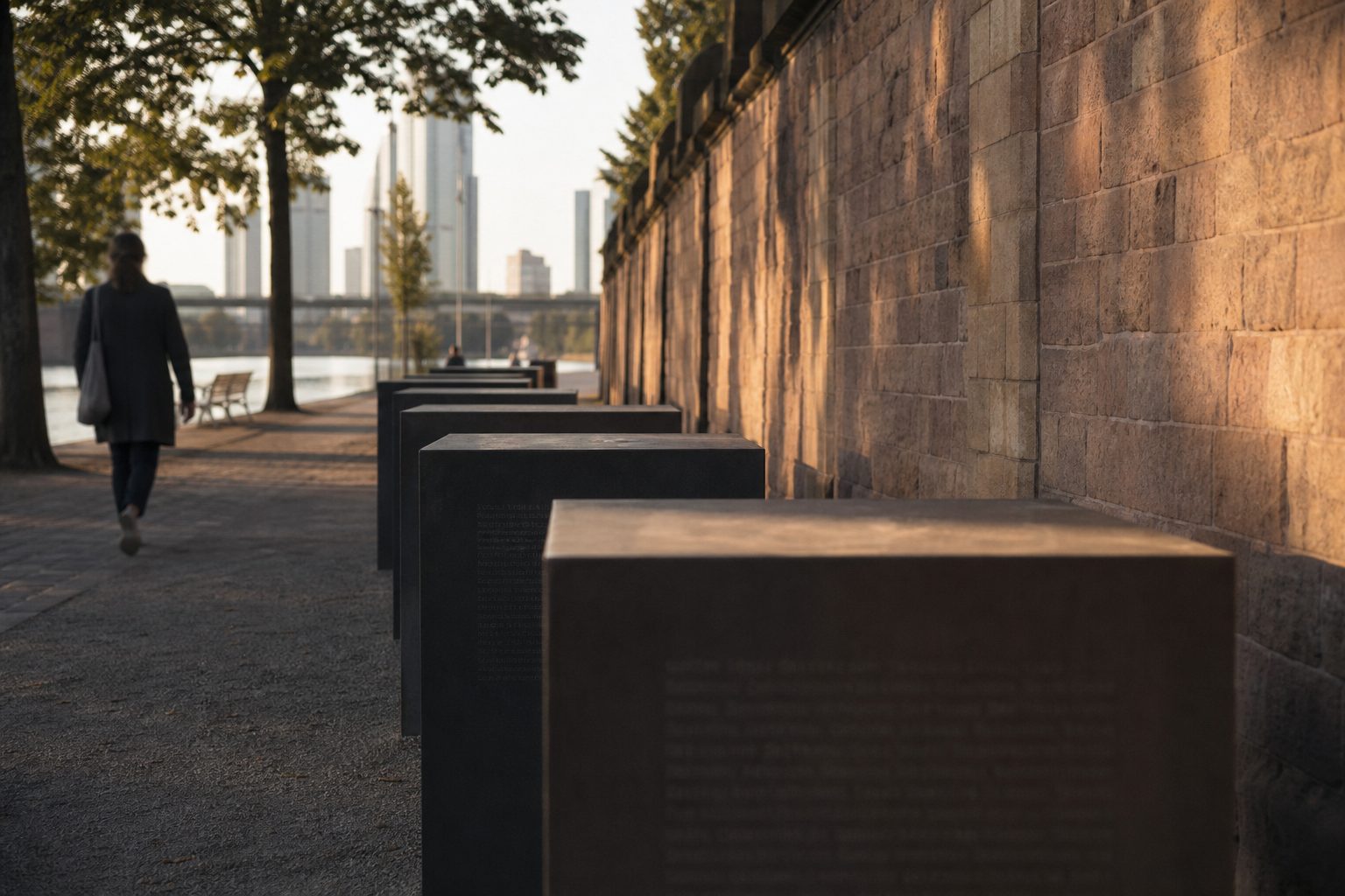 Die Reihen der Metallblöcke der Gedenkstätte Neuer Börneplatz an der alten Friedhofsmauer im Abendlicht.