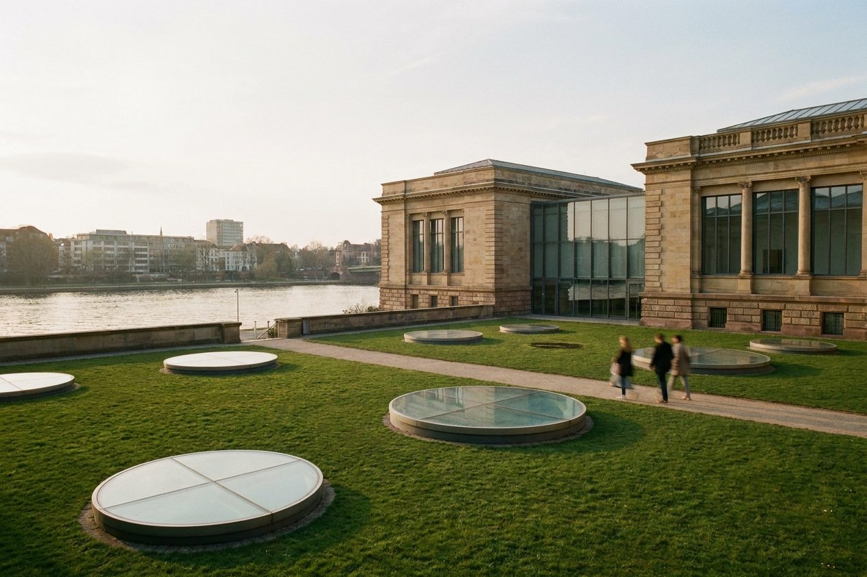 Der grüne Garten des Städel mit den runden Oberlichtern der unterirdischen Gartenhallen unter blauem Himmel.