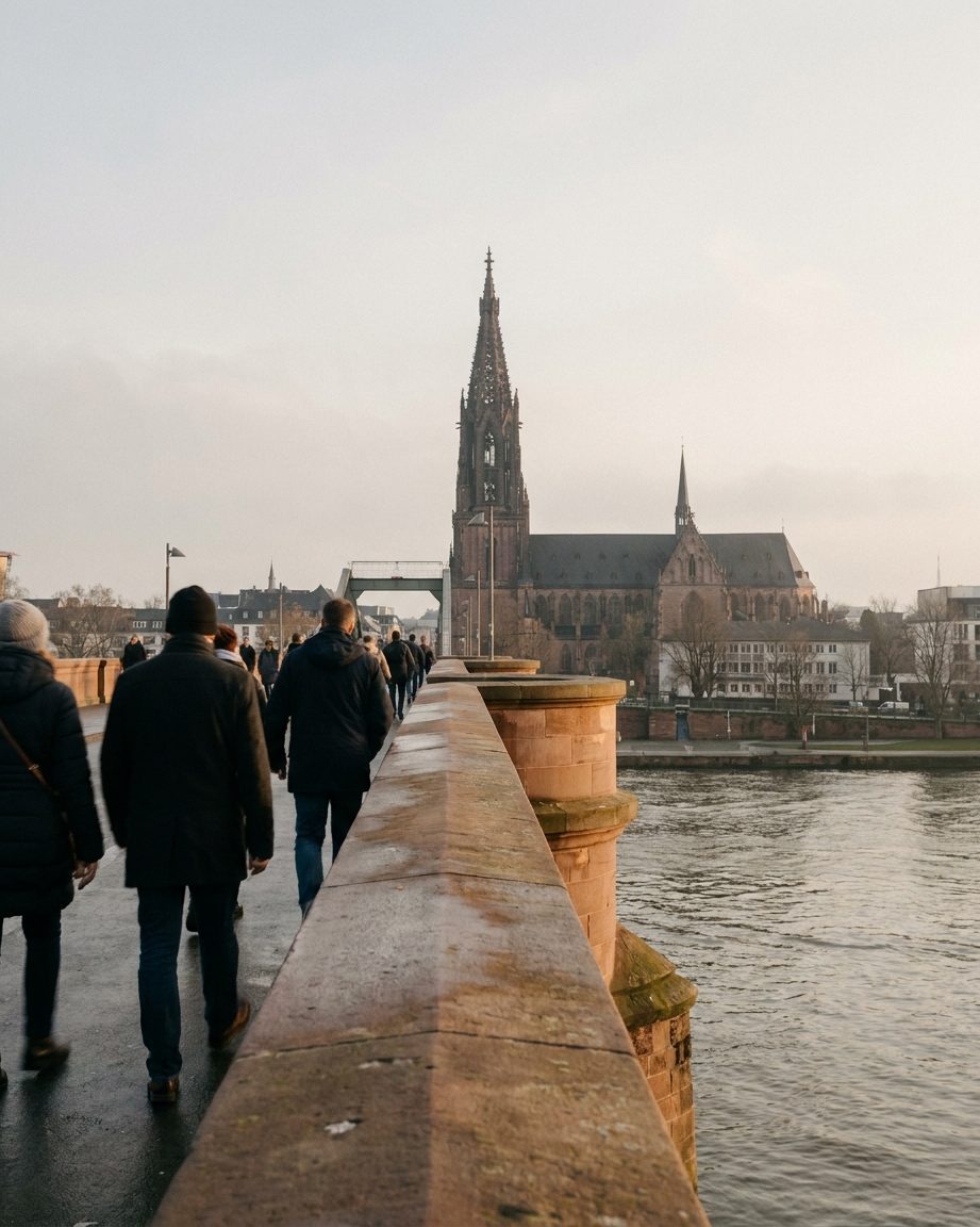 Blick über den Eisernen Steg mit Fußgängern von hinten, dahinter erhebt sich der Kaiserdom.