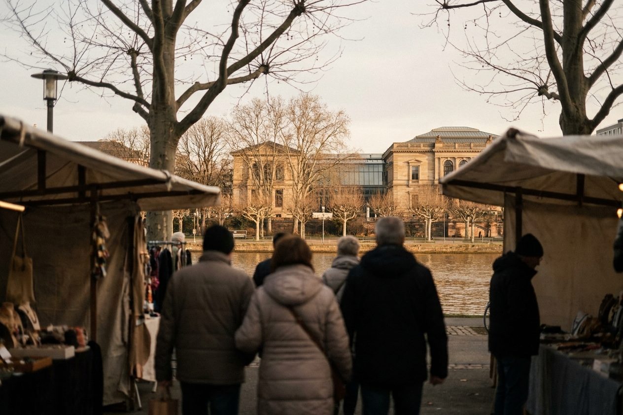 Flanierende Menschen von hinten zwischen Marktständen am Schaumainkai, dahinter die Museumsvillen hinter hohen Platanen.