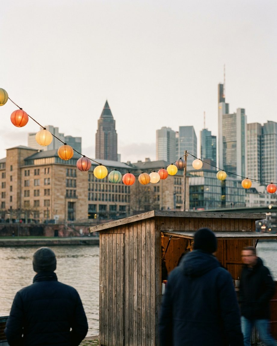 Bunte Lampions über einem Stand am Sachsenhäuser Ufer, im Hintergrund unscharf die abendliche Frankfurter Skyline.