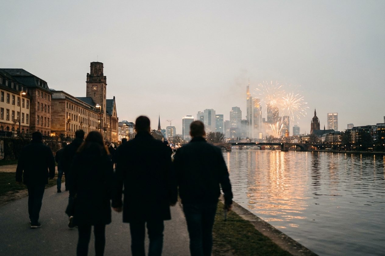Feuerwerk über dem Main, die beleuchtete Skyline und ihre Spiegelungen im dunklen Wasser.
