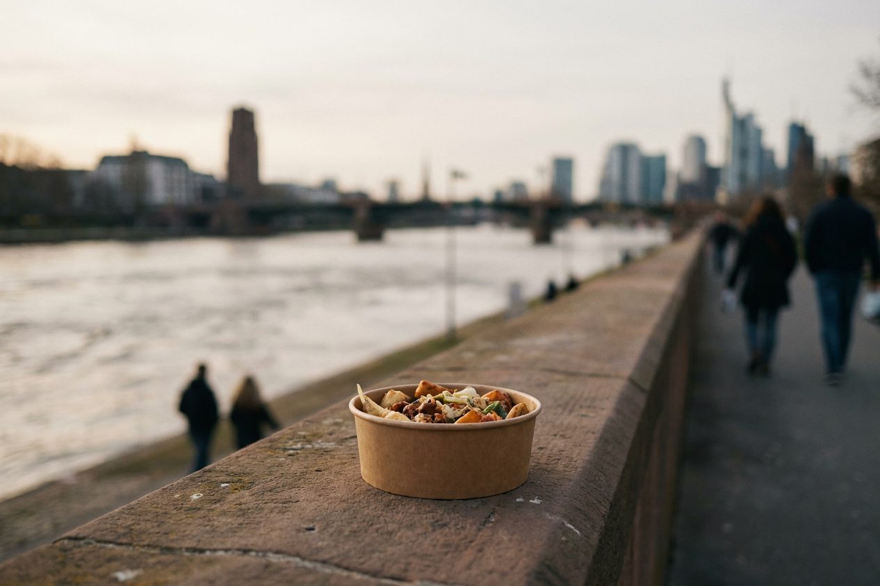 Eine Papierschale mit Streetfood auf der steinernen Uferbrüstung, dahinter verschwimmt der Main im Nachmittagslicht.