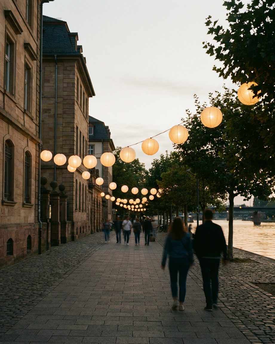 Eine Reihe bunter Lampions über dem Uferweg in der Dämmerung, darunter die Silhouetten von Festbesuchern.