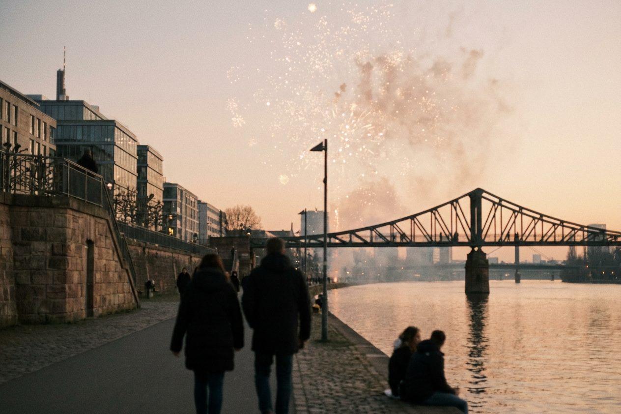 Feuerwerk über dem Main, vom Sachsenhäuser Ufer aus gesehen, der Eiserne Steg als dunkle Silhouette vor den Lichtern.